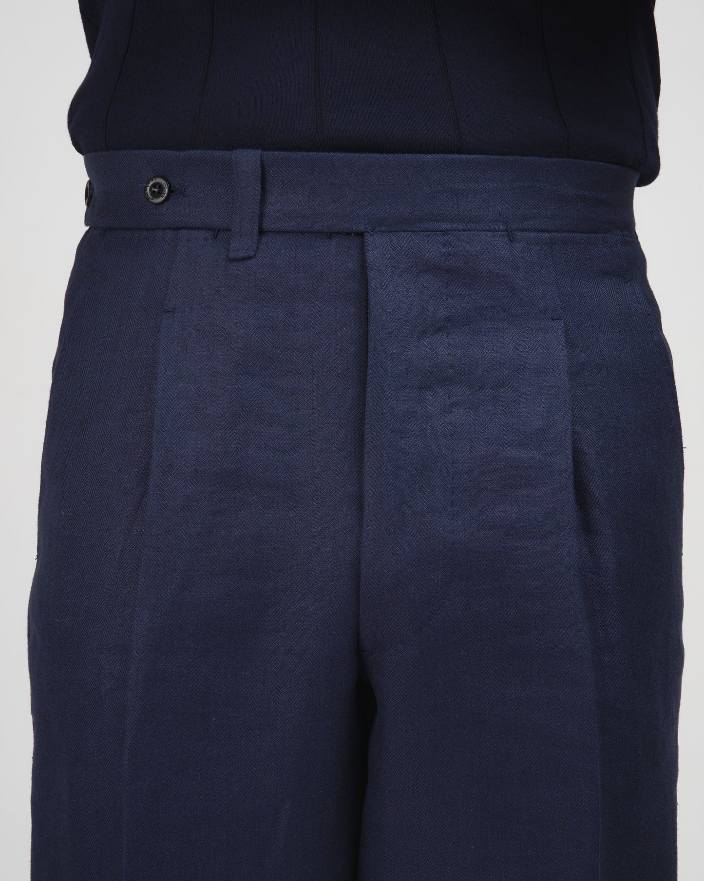 Herringbone linen trousers - Single pleat trousers - Navy Blue