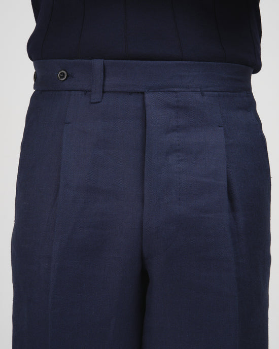 Herringbone linen trousers - Single pleat trousers - Navy Blue
