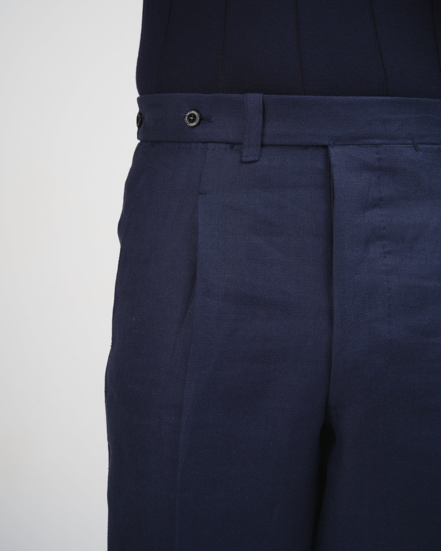 Herringbone linen trousers - Single pleat trousers - Navy Blue