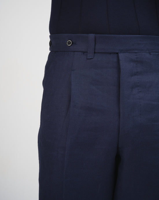 Herringbone linen trousers - Single pleat trousers - Navy Blue