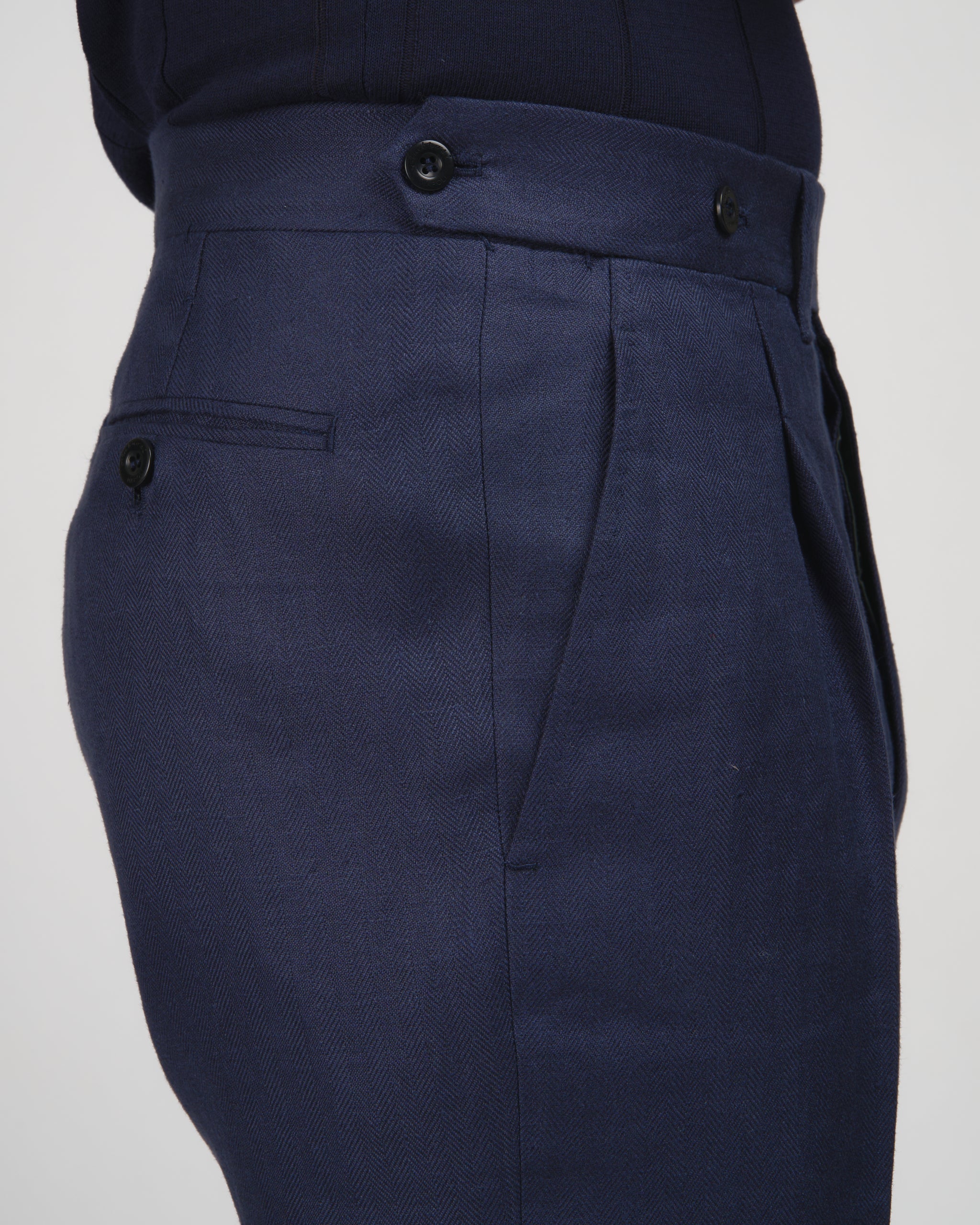 Herringbone linen trousers - Single pleat trousers - Navy Blue