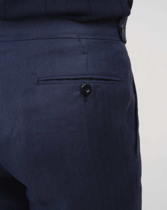 Herringbone linen trousers - Single pleat trousers - Navy Blue