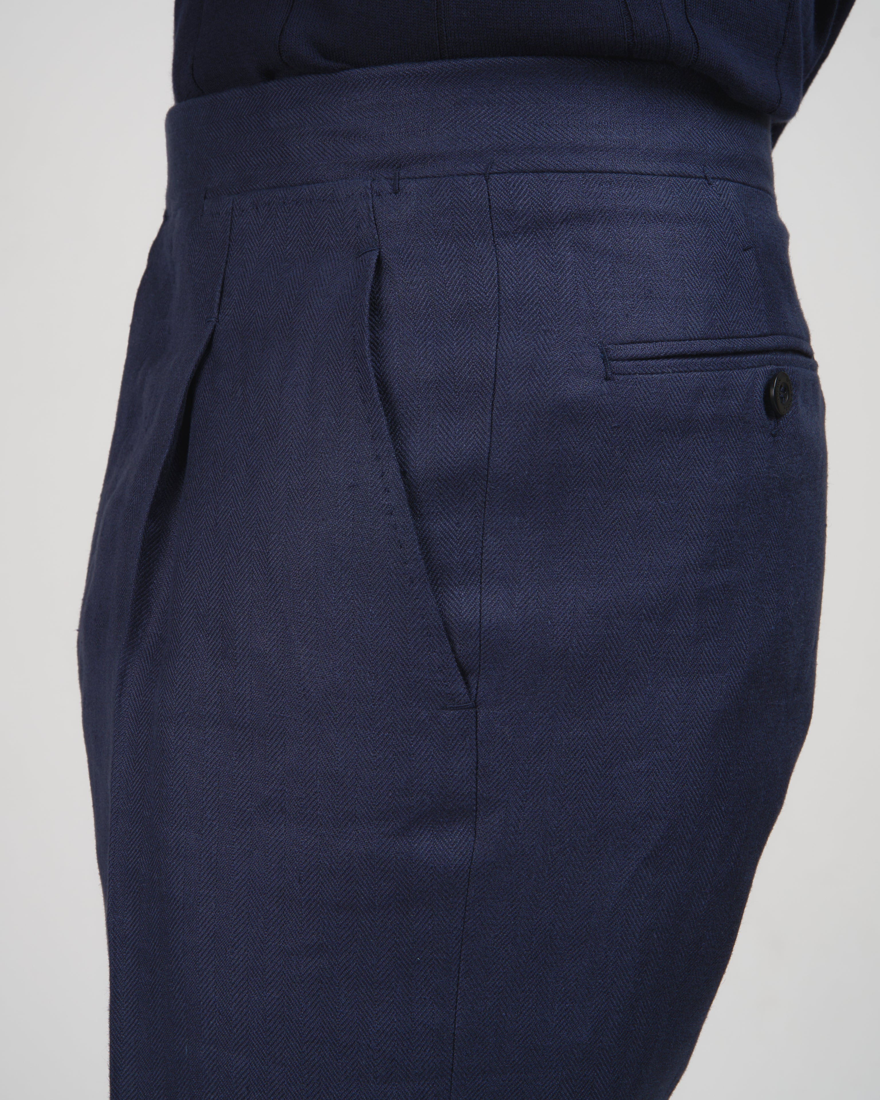Herringbone linen trousers - Single pleat trousers - Navy Blue