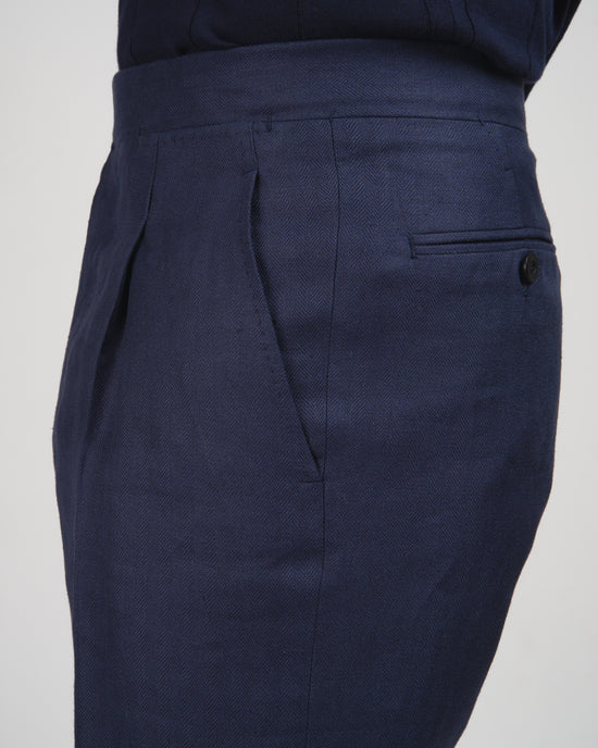 Herringbone linen trousers - Single pleat trousers - Navy Blue