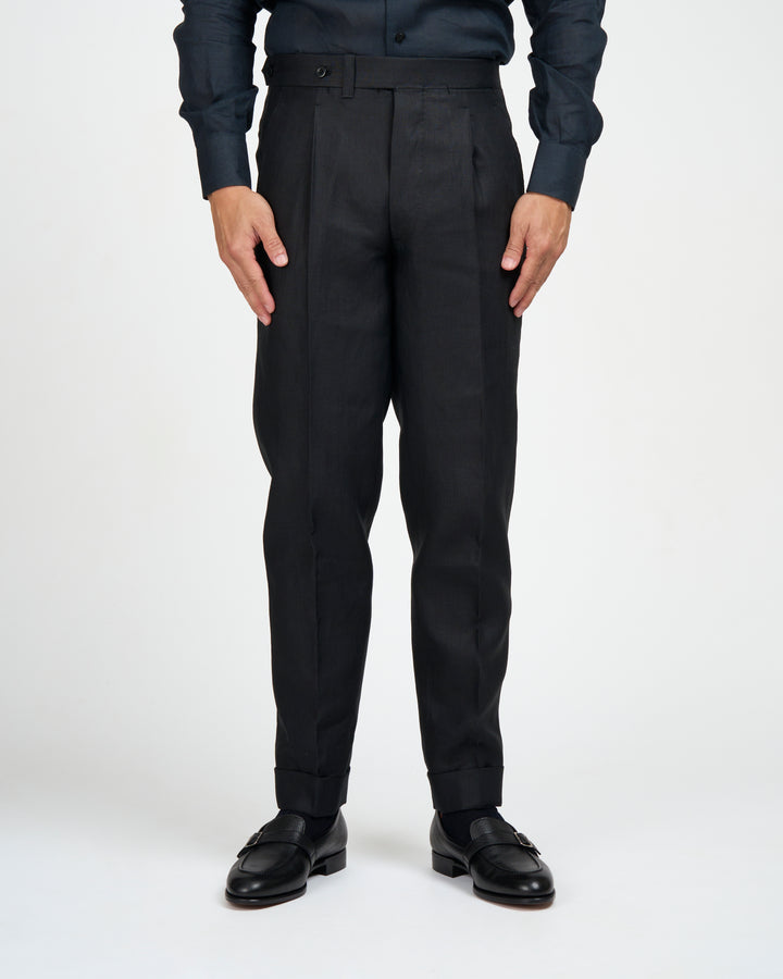 Plain linen trousers - Single pleat trousers - Black