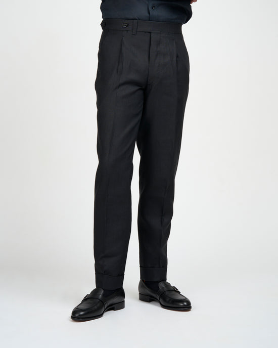 Plain linen trousers - Single pleat trousers - Black