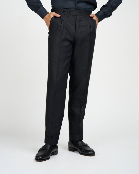 Plain linen trousers - Single pleat trousers - Black