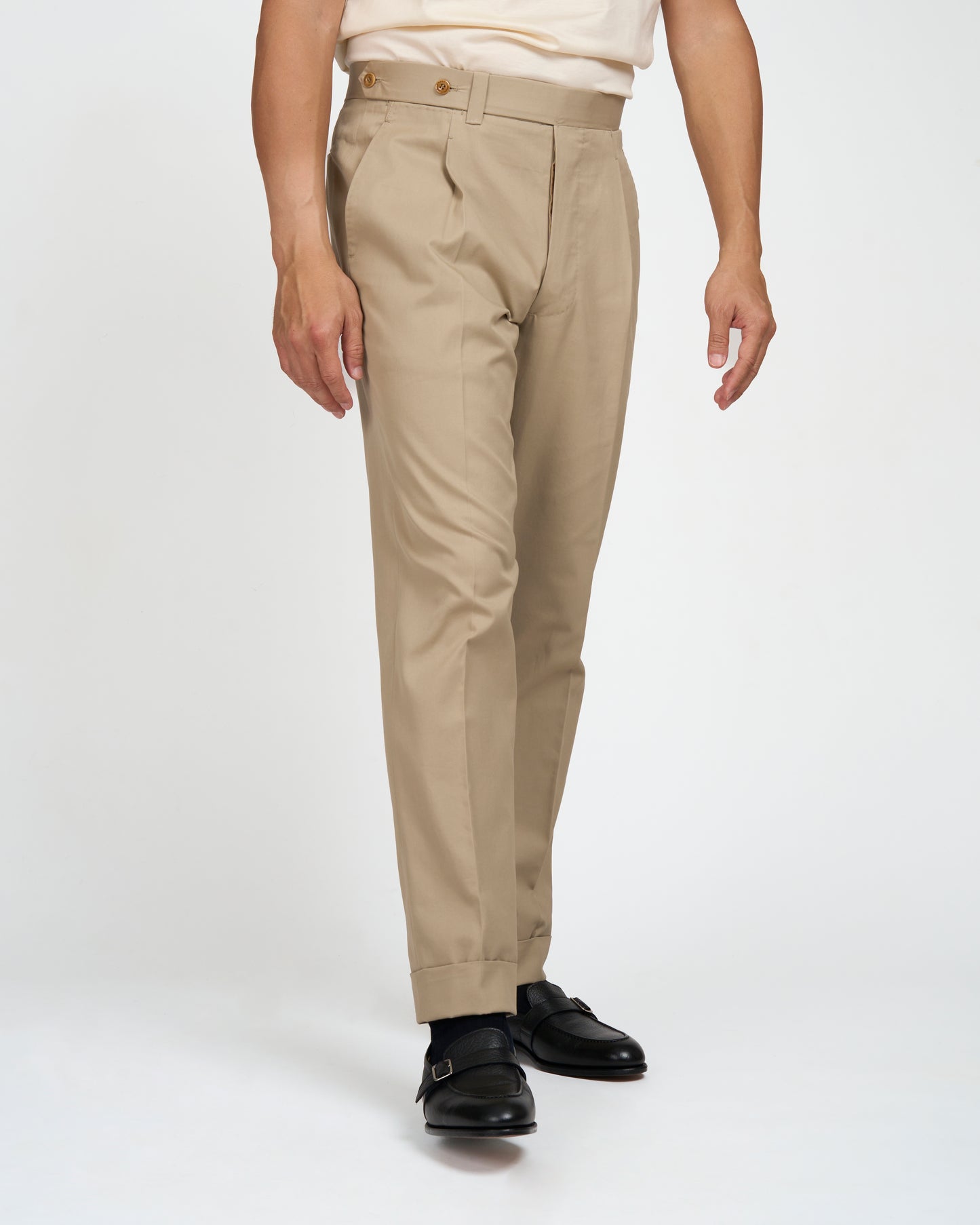 Light weight cotton trousers - Single pleat trousers - Beige