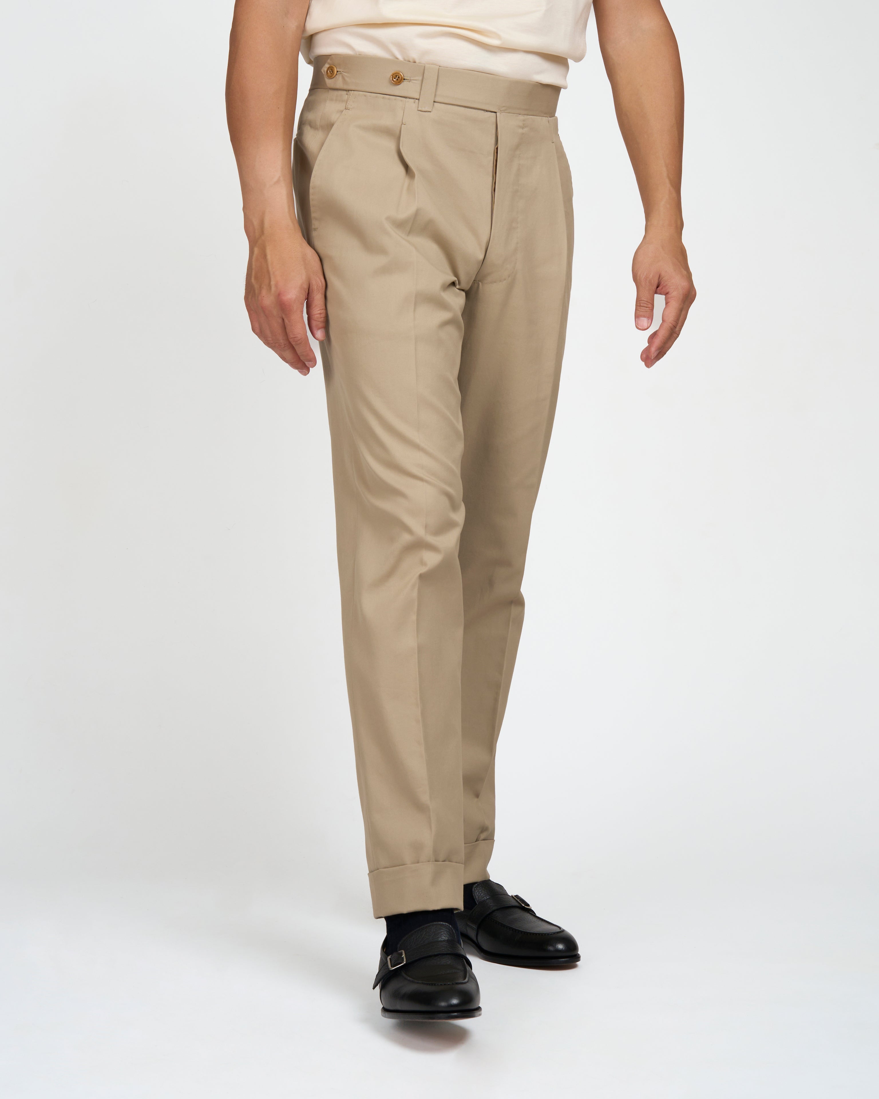 Light weight cotton trousers - Single pleat trousers - Beige