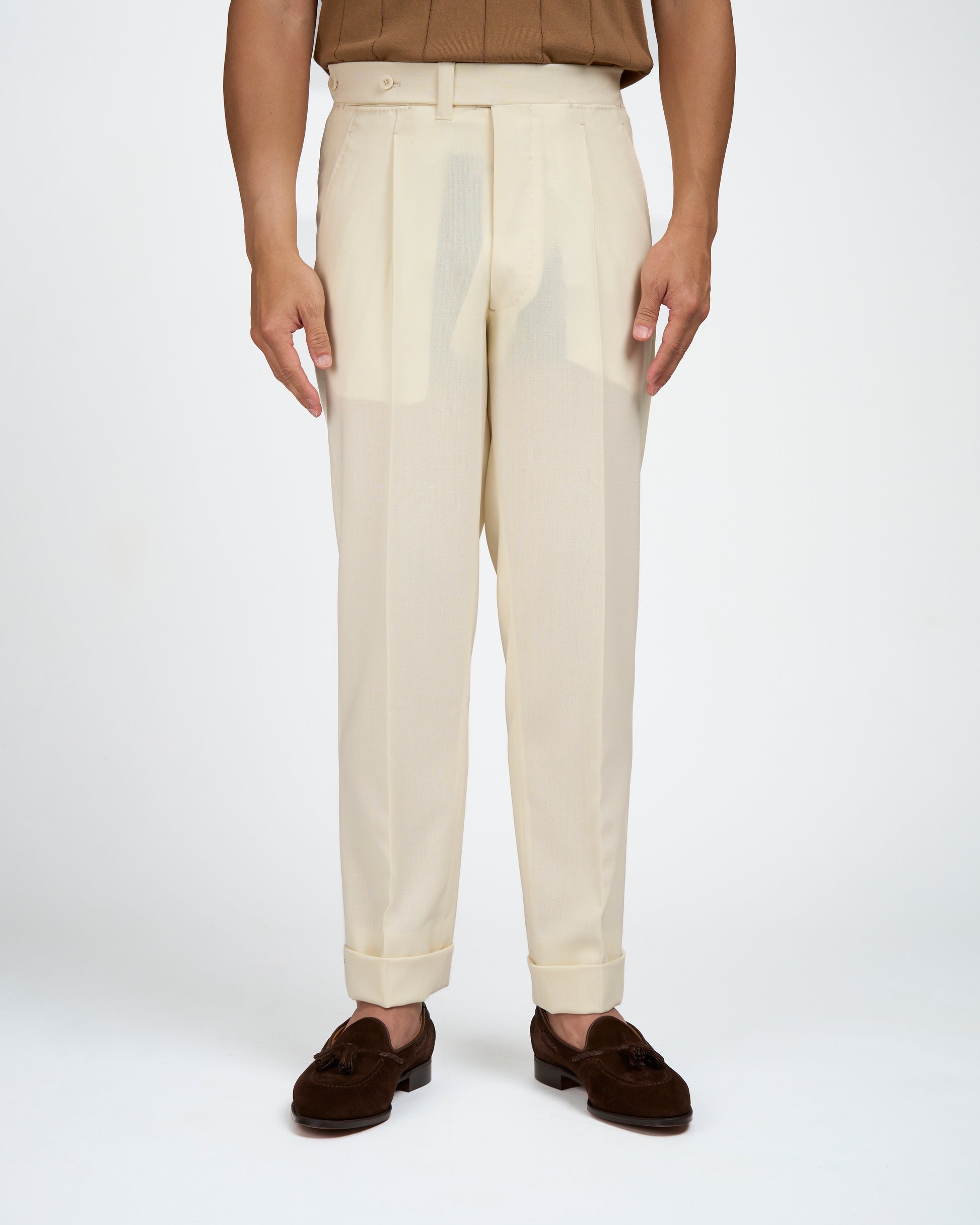 Four ply wool trousers - Single pleat trousers - Ivory