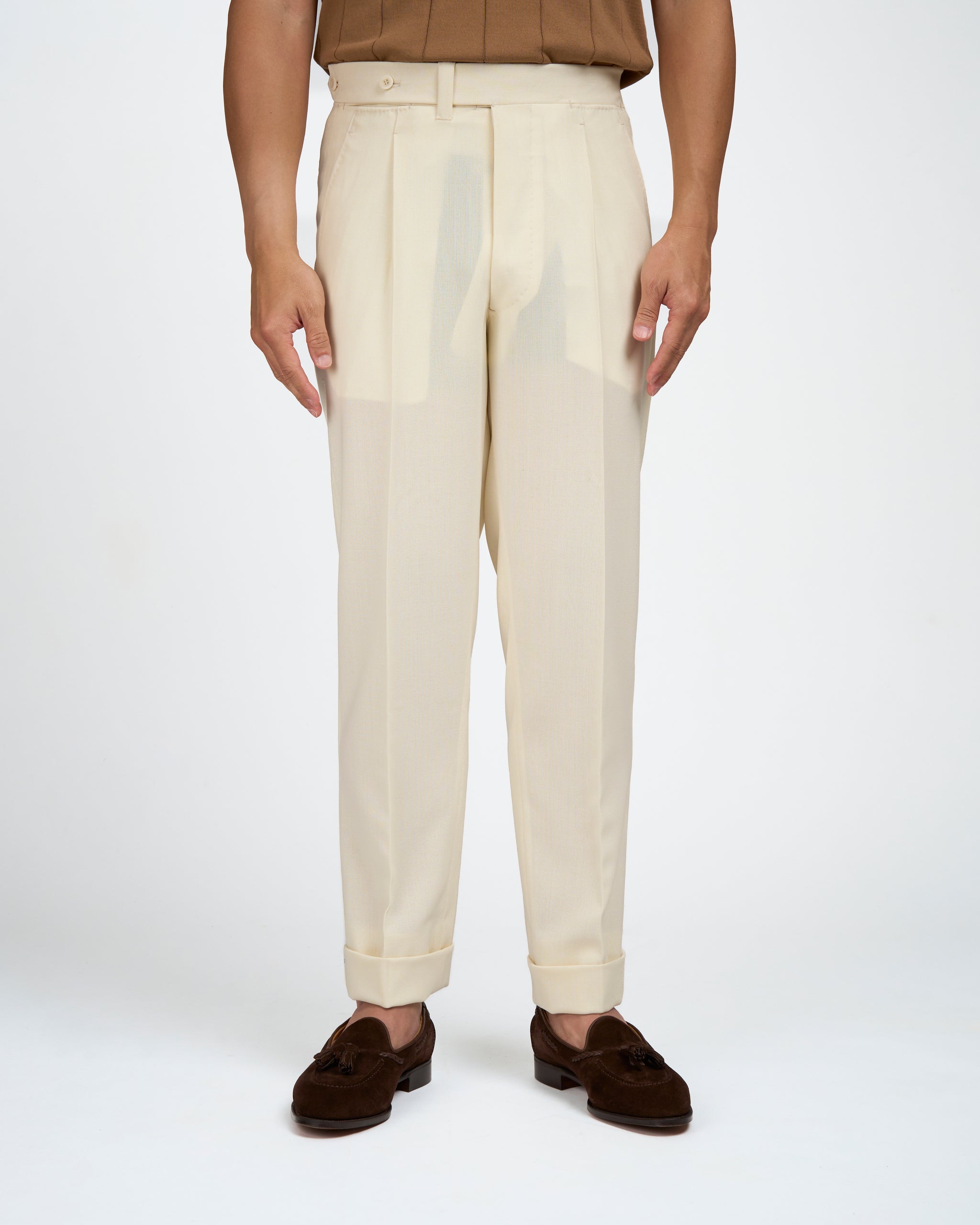 Four ply wool trousers - Single pleat trousers - Ivory