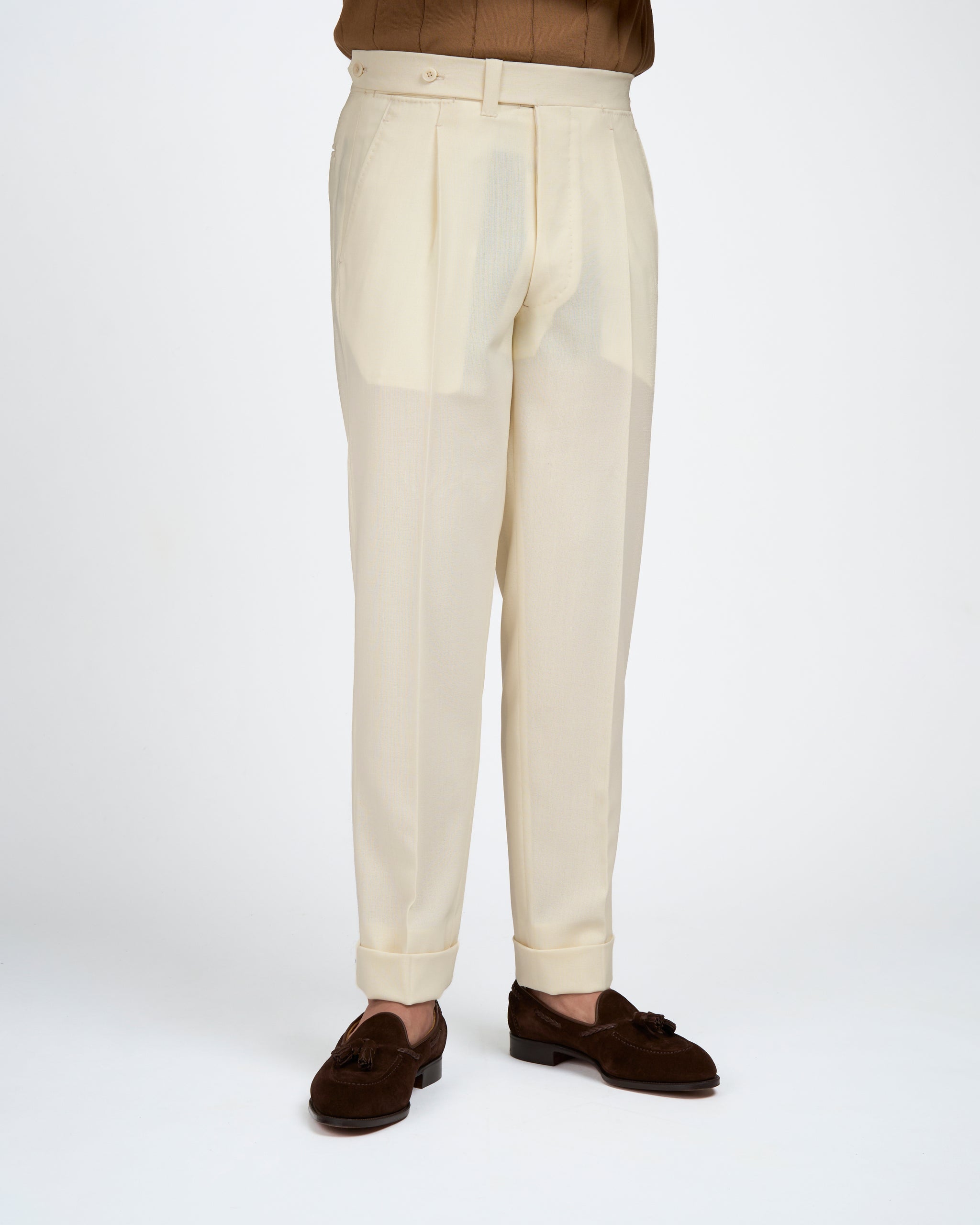 Four ply wool trousers - Single pleat trousers - Ivory