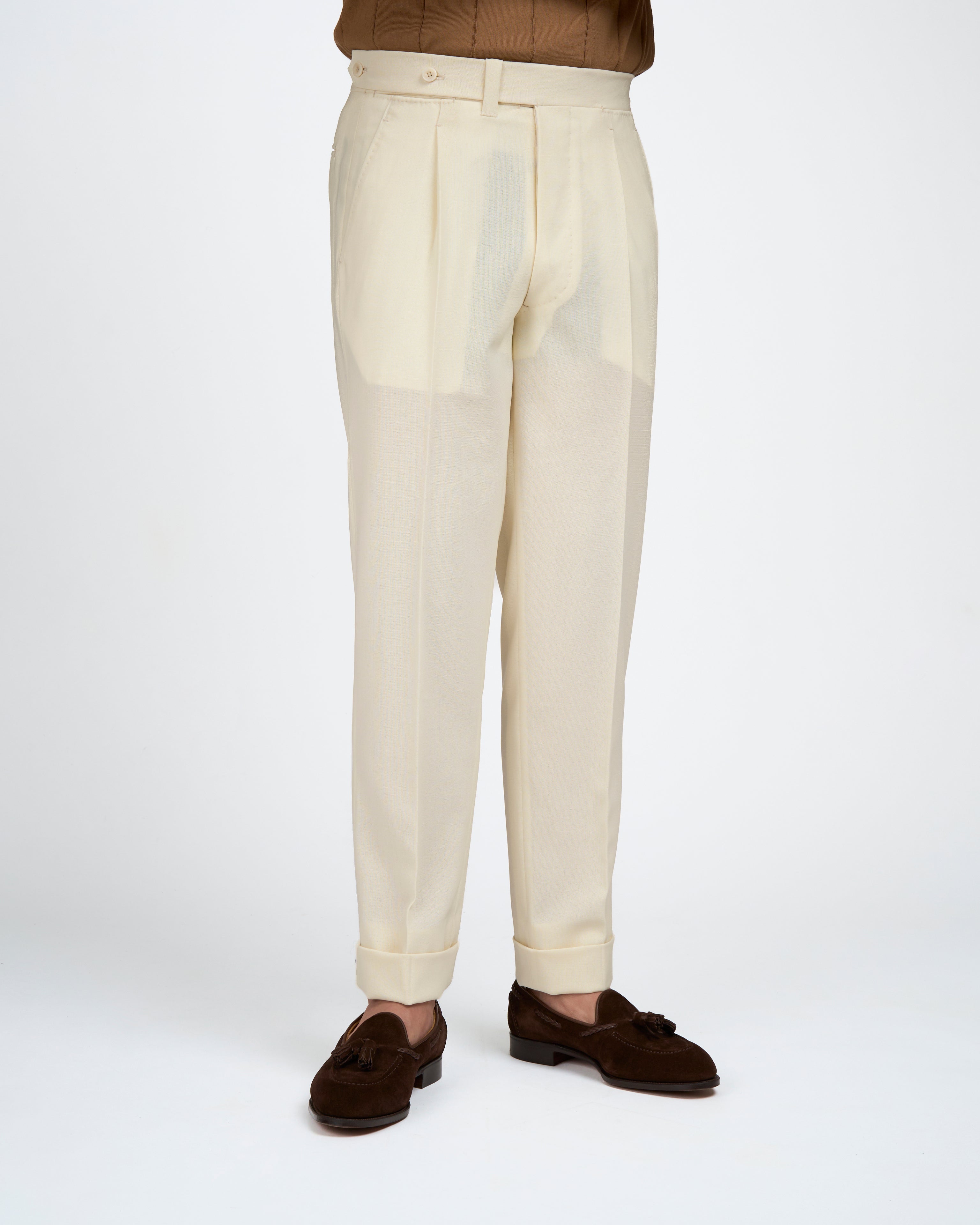 Four ply wool trousers - Single pleat trousers - Ivory