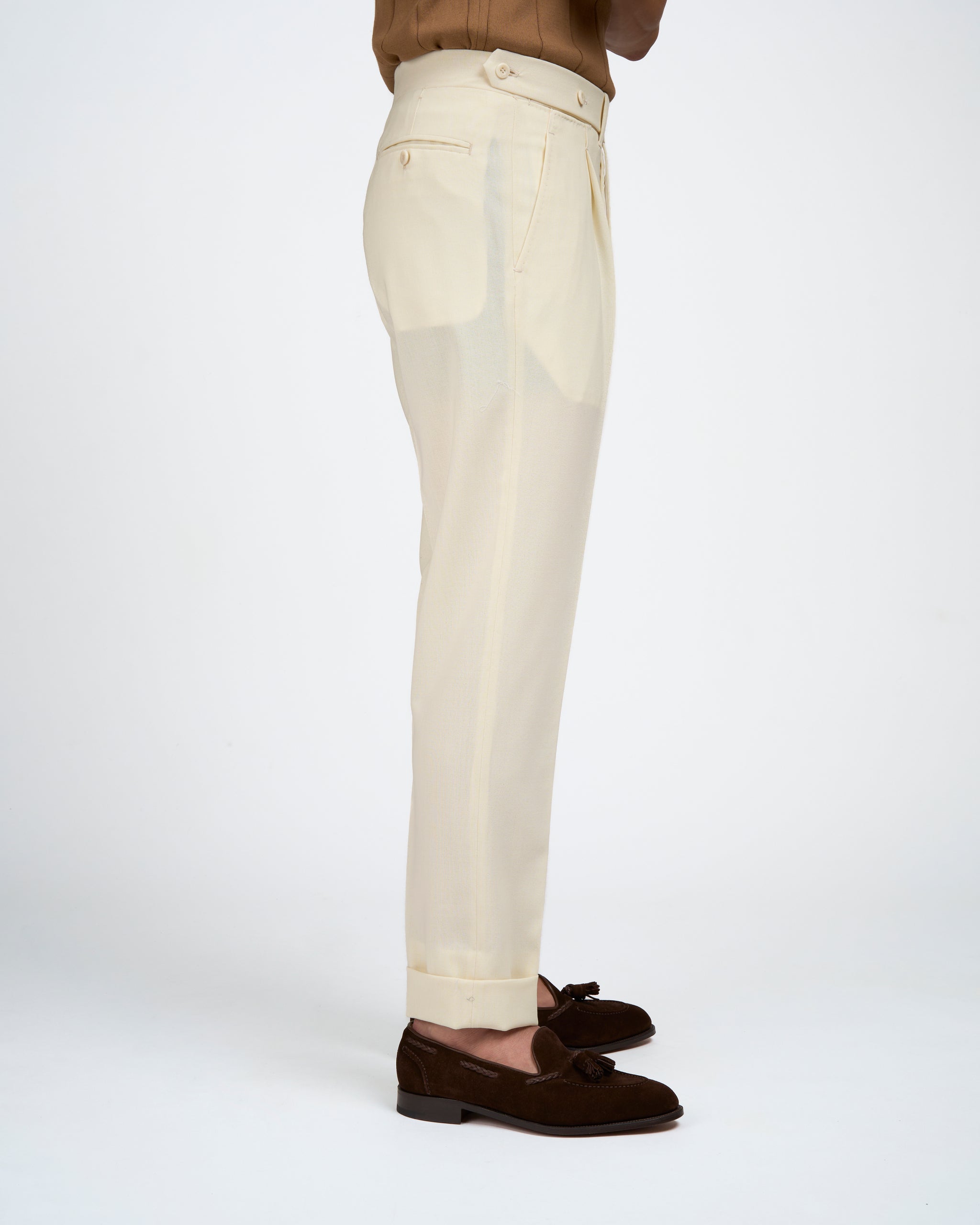 Four ply wool trousers - Single pleat trousers - Ivory