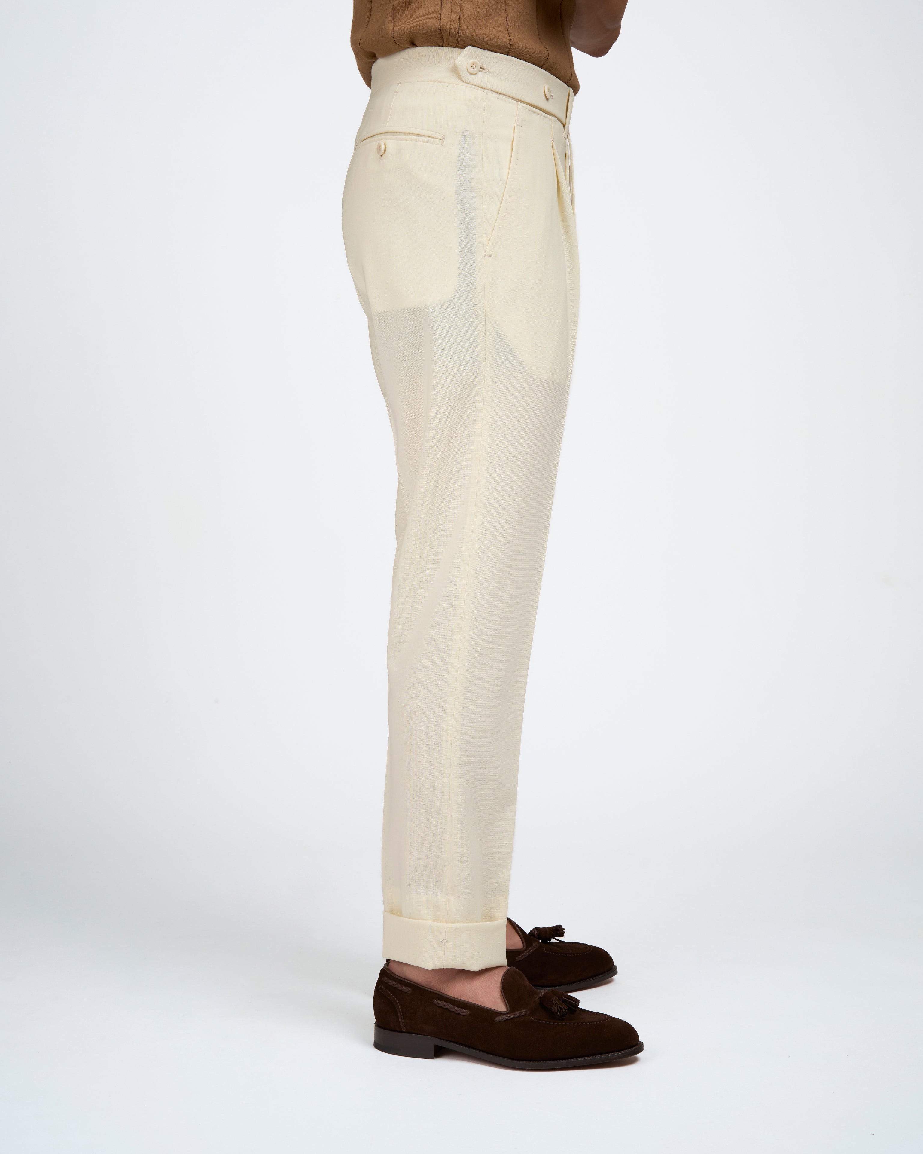 Four ply wool trousers - Single pleat trousers - Ivory