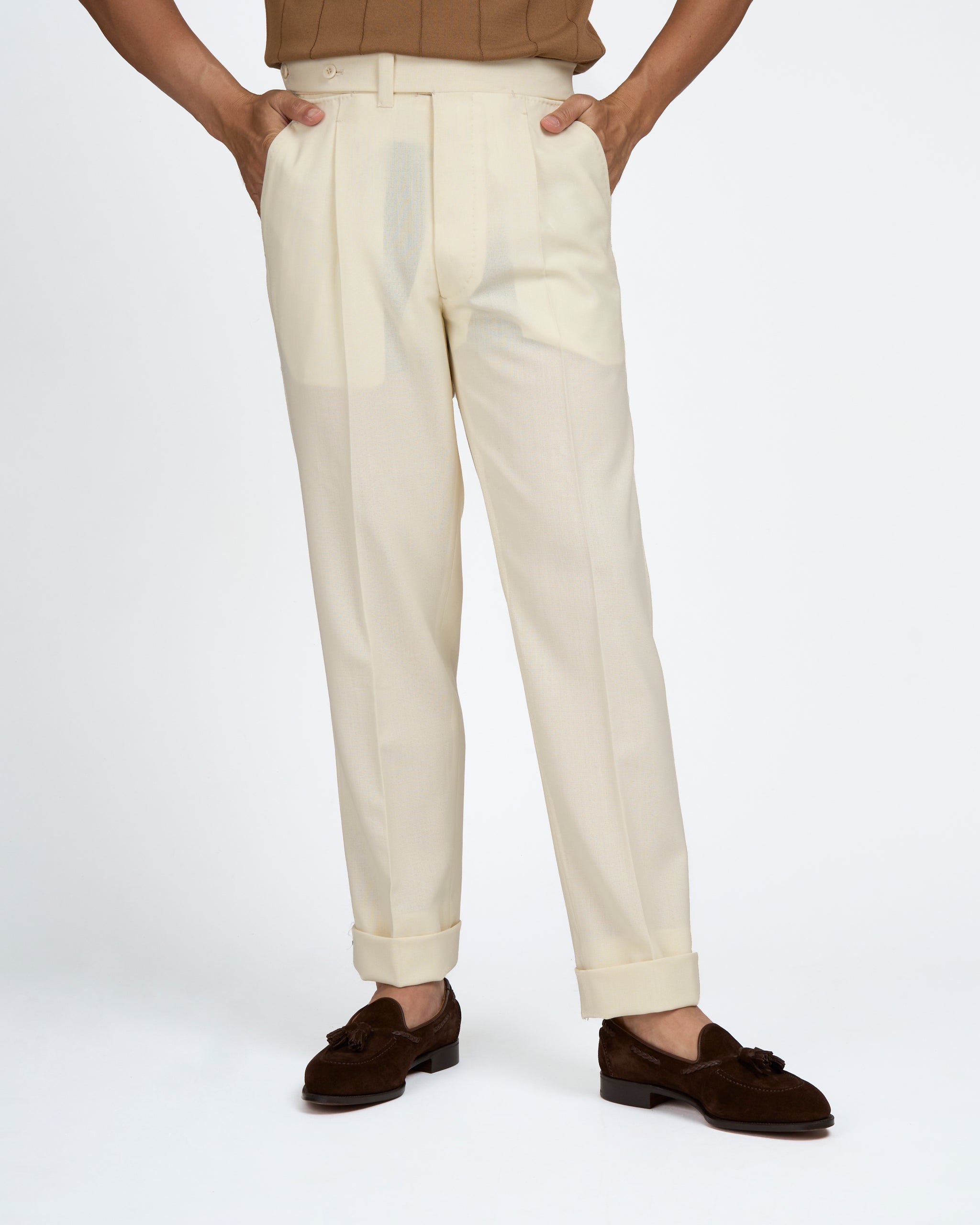 Four ply wool trousers - Single pleat trousers - Ivory