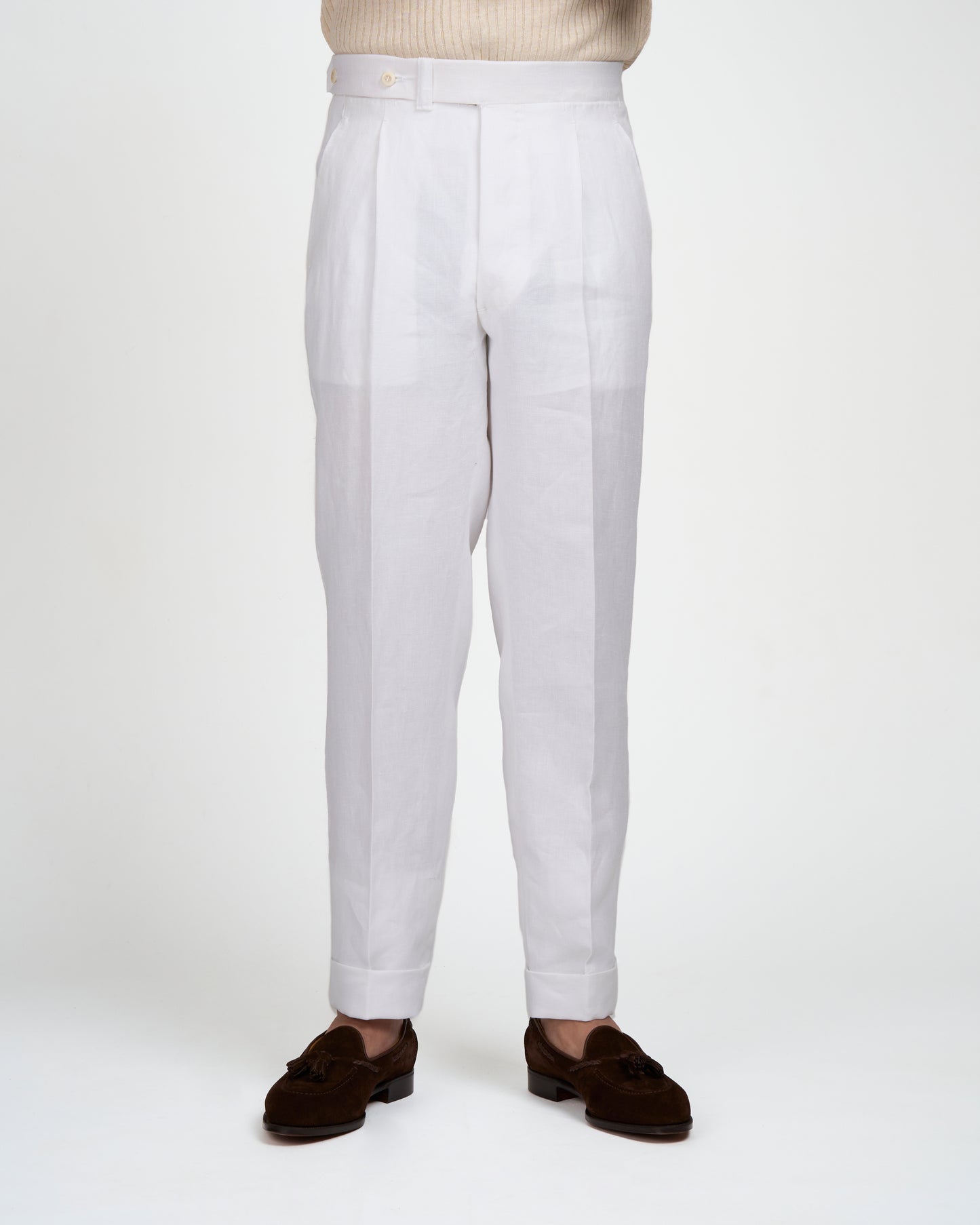 Herringbone linen trousers - Single pleat trousers - White