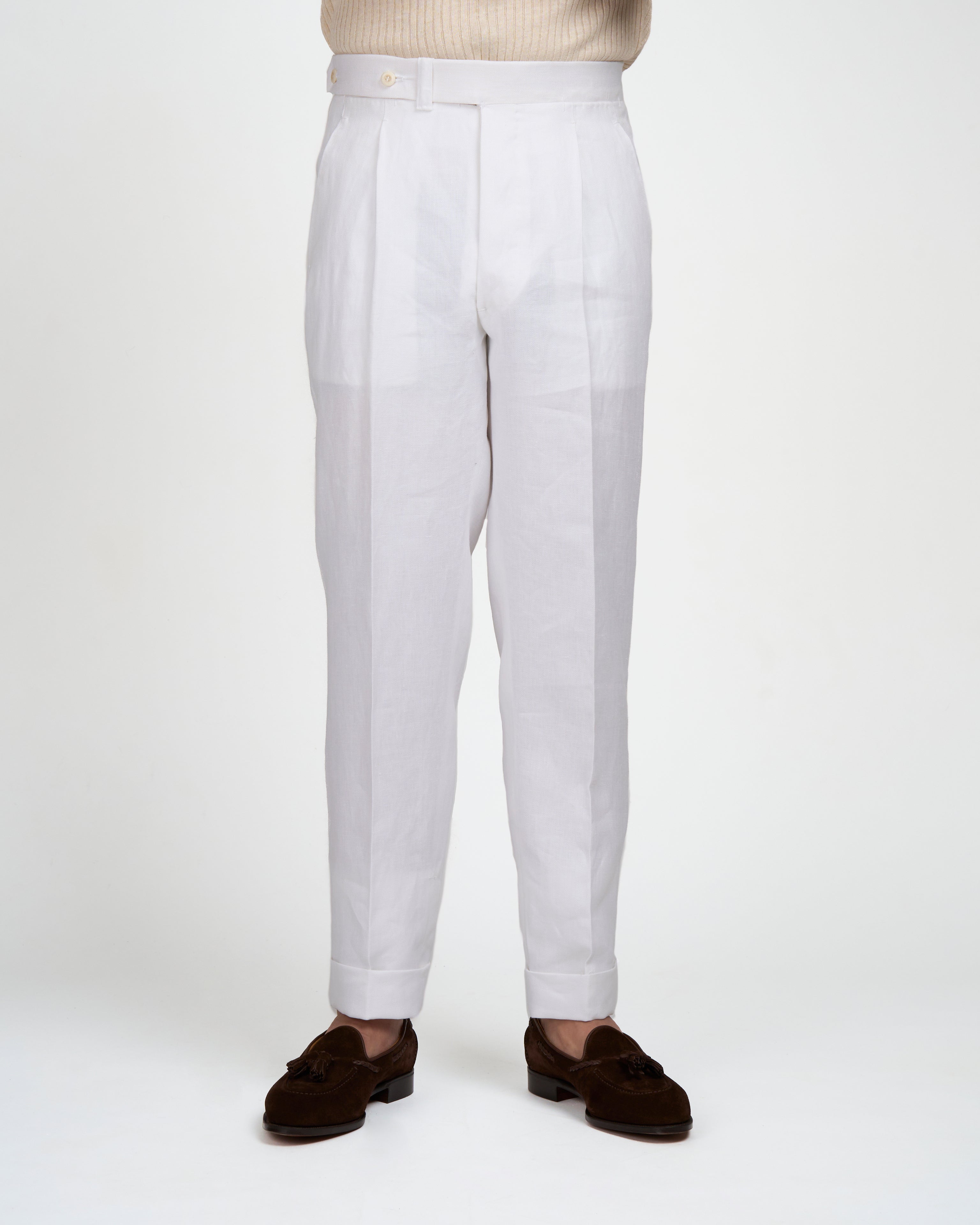 Herringbone linen trousers - Single pleat trousers - White