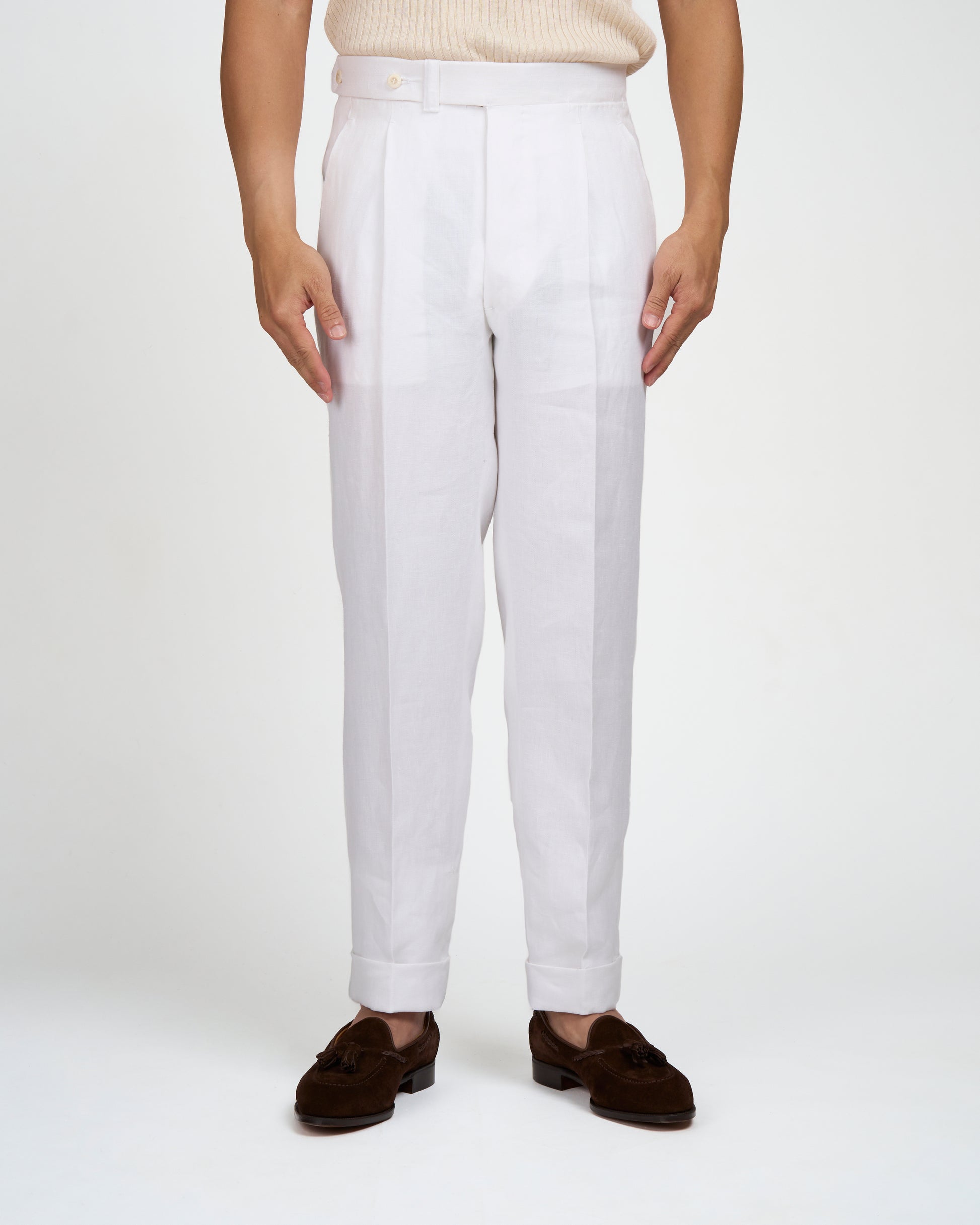 Herringbone linen trousers - Single pleat trousers - White