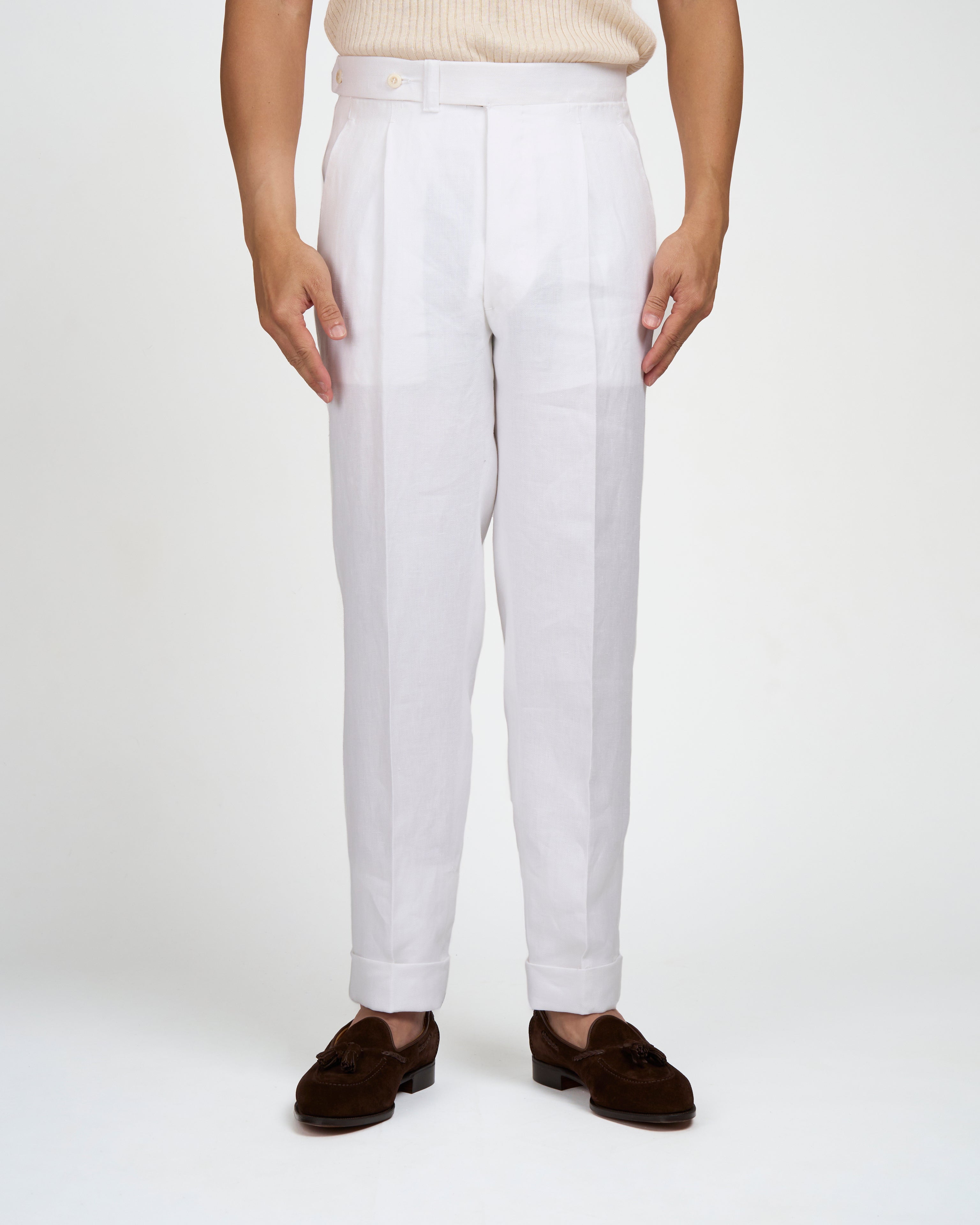 Herringbone linen trousers - Single pleat trousers - White