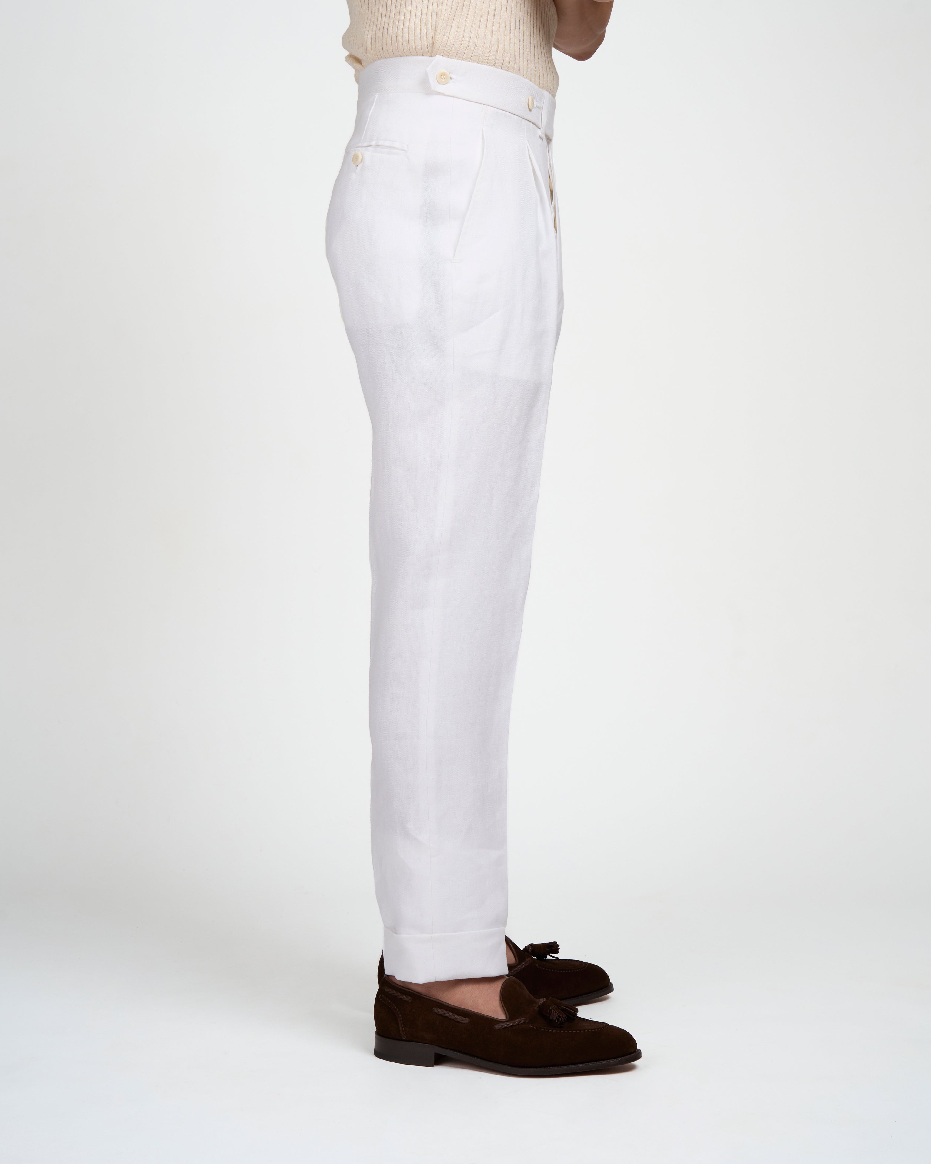 Herringbone linen trousers - Single pleat trousers - White
