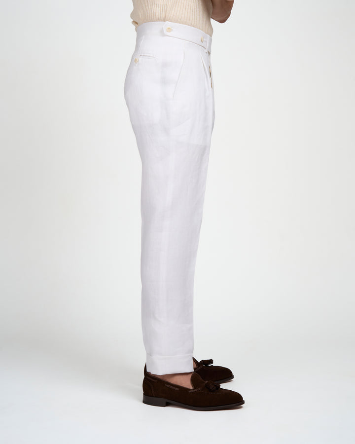 Herringbone linen trousers - Single pleat trousers - White