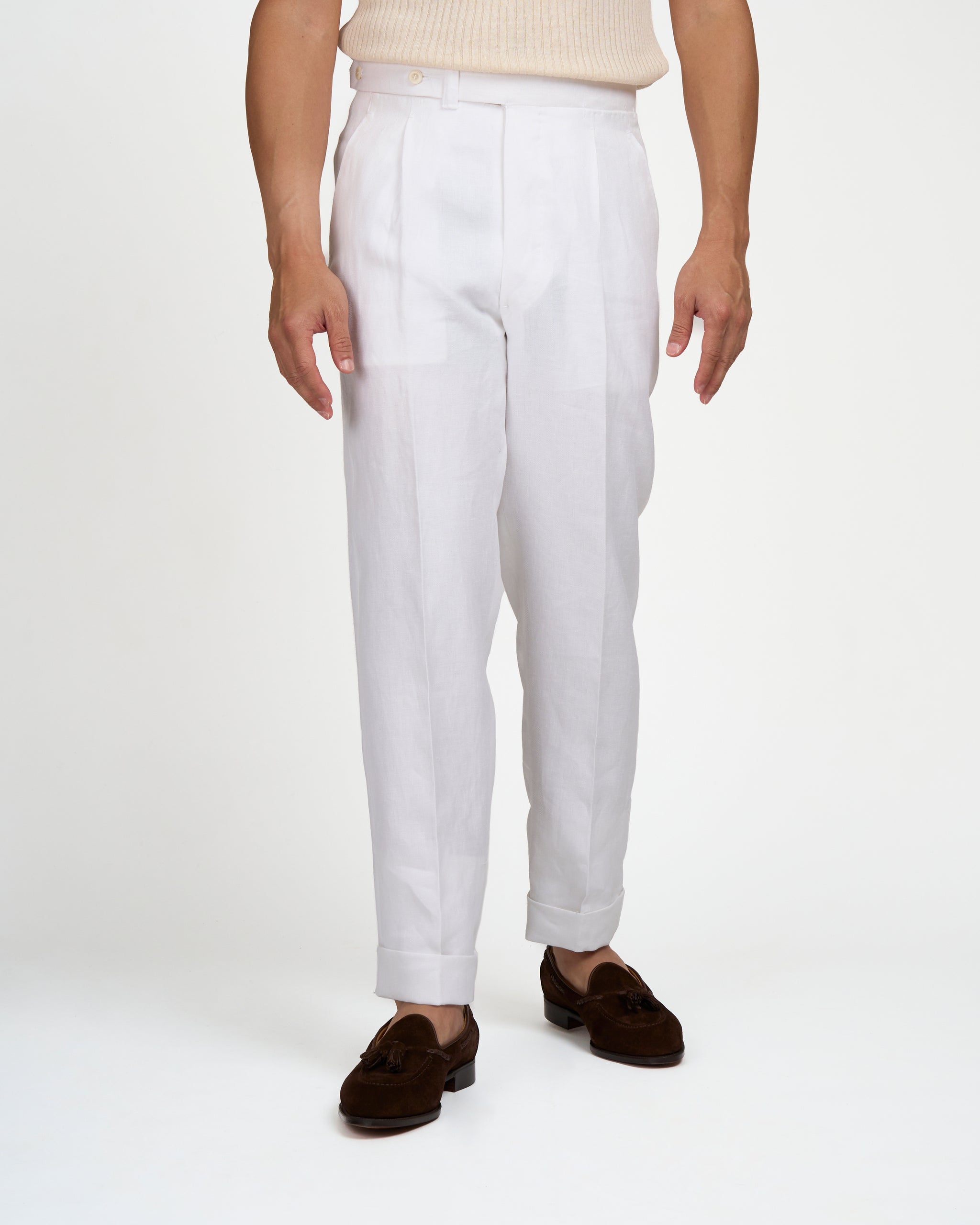 Herringbone linen trousers - Single pleat trousers - White