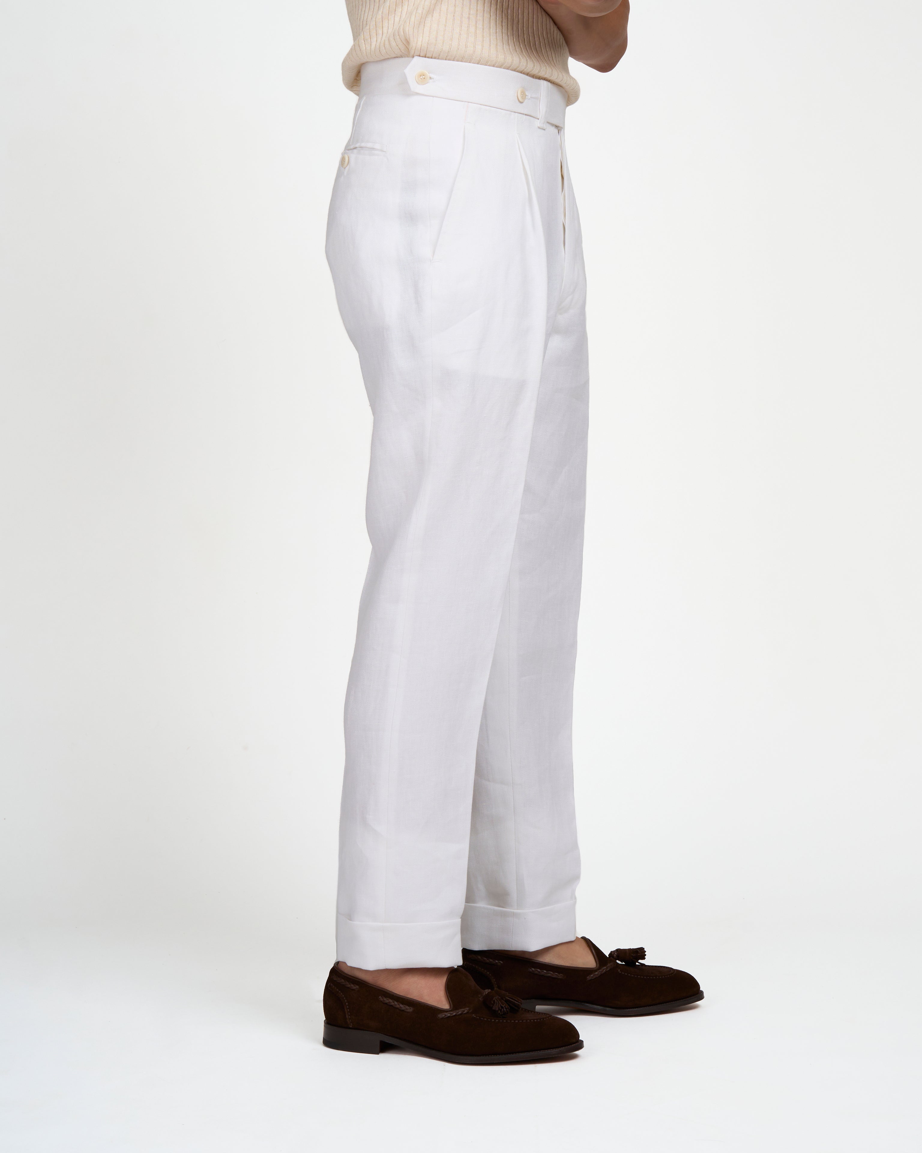 Herringbone linen trousers - Single pleat trousers - White