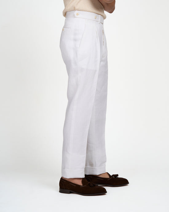 Herringbone linen trousers - Single pleat trousers - White