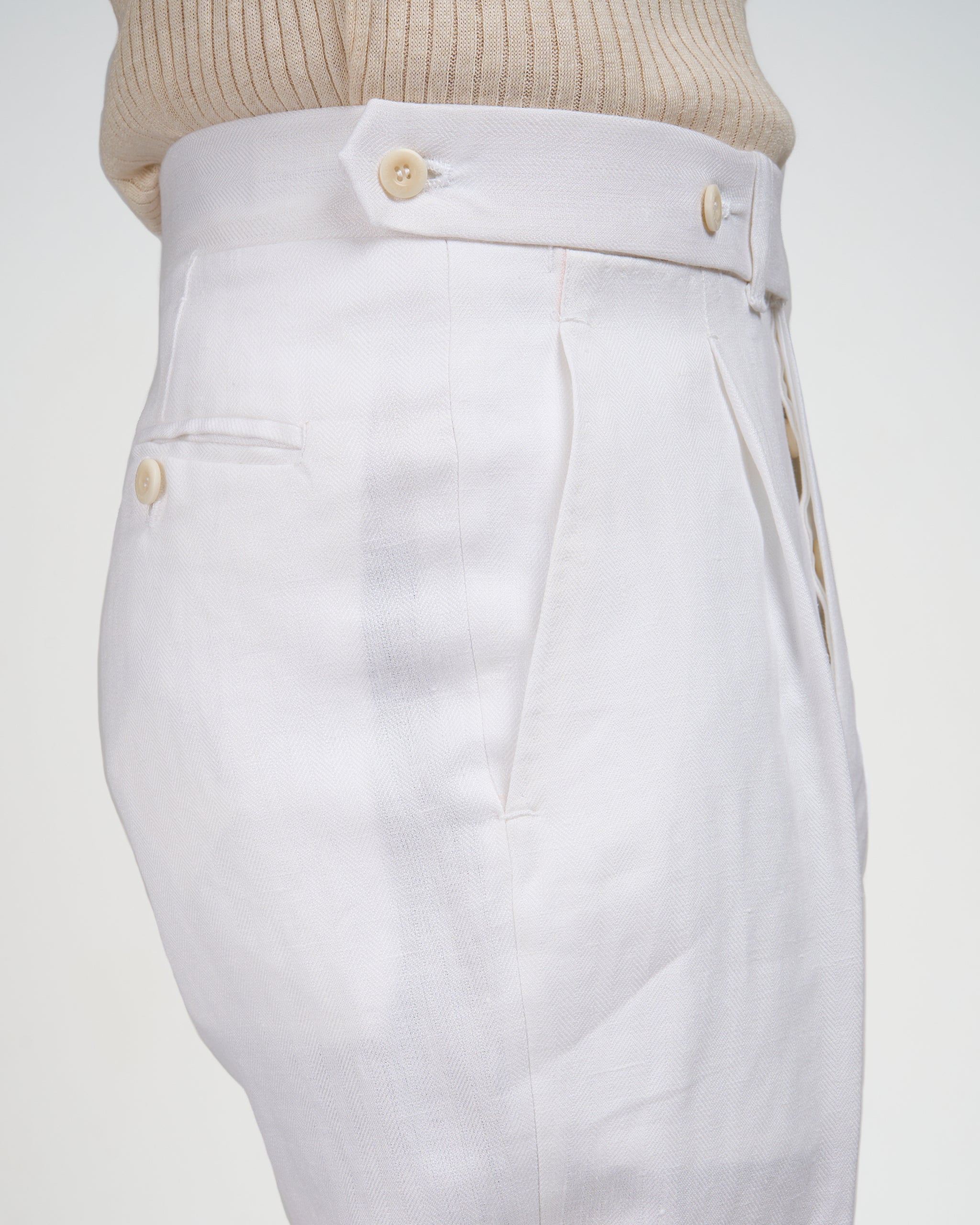 Herringbone linen trousers - Single pleat trousers - White