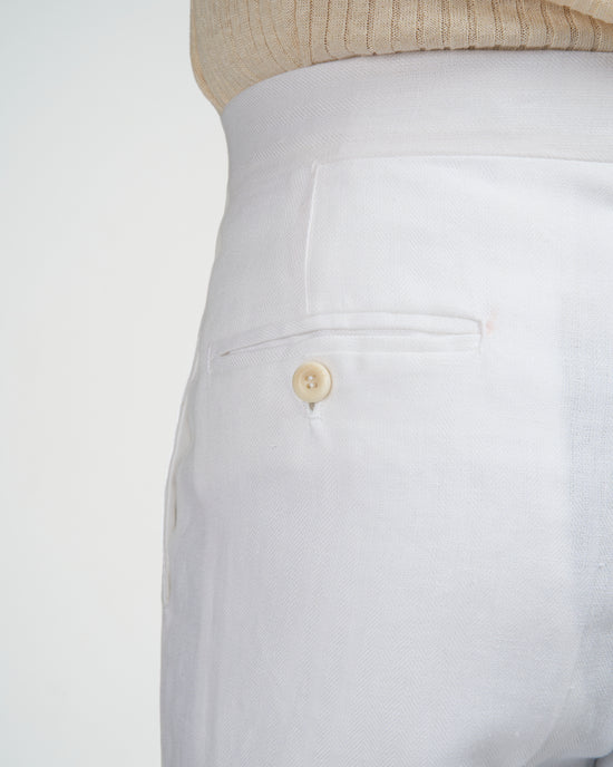Herringbone linen trousers - Single pleat trousers - White