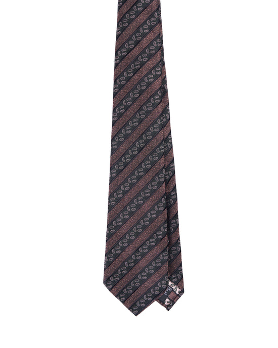 Jacquard tie - 7 Fold - Brown and black stripe with micro paisley motif