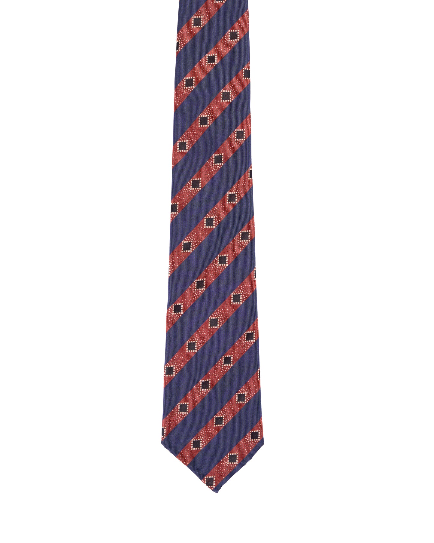 Jacquard tie - 7 Fold - Red and navy blue stripe with square motif