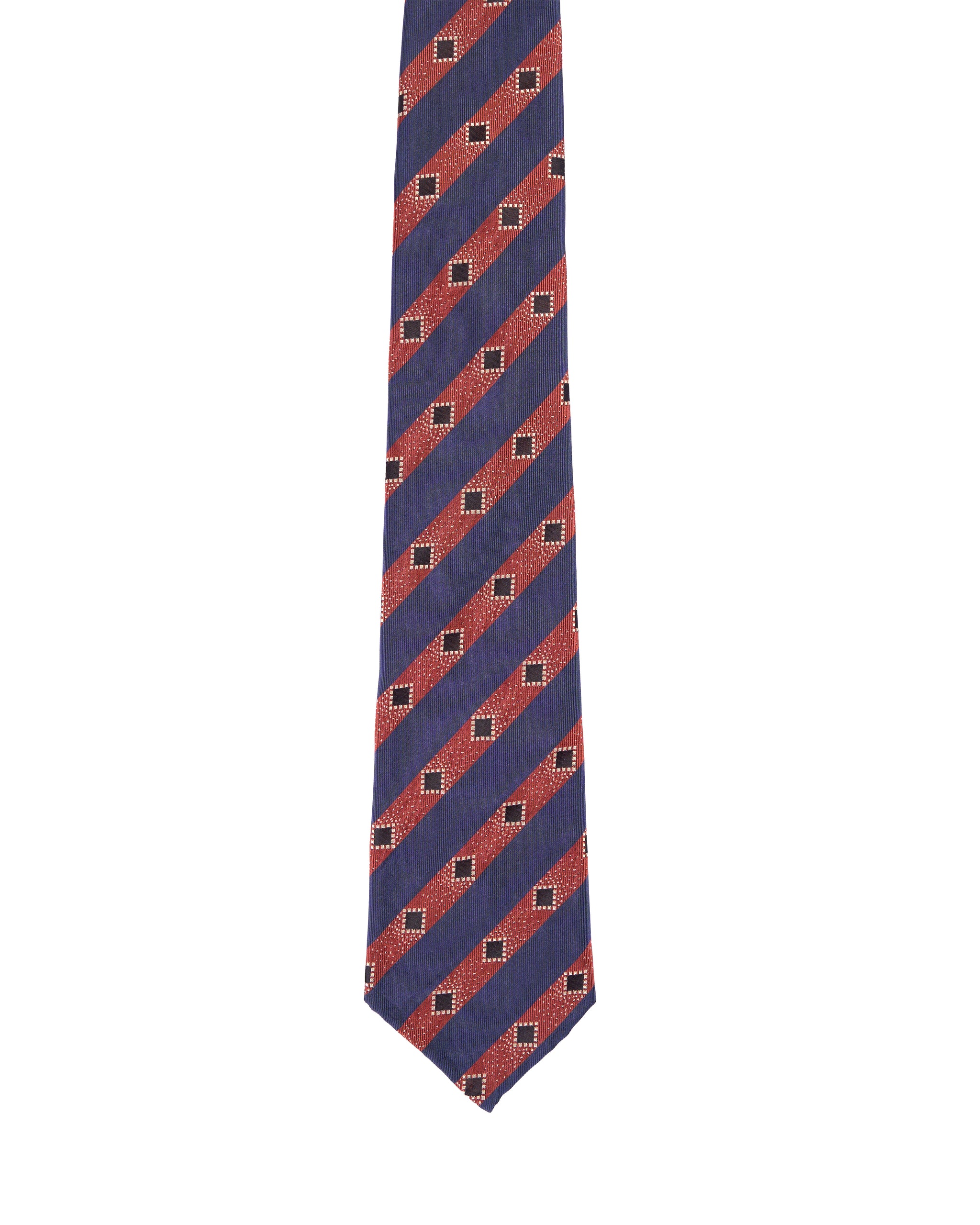 Jacquard tie - 7 Fold - Red and navy blue stripe with square motif