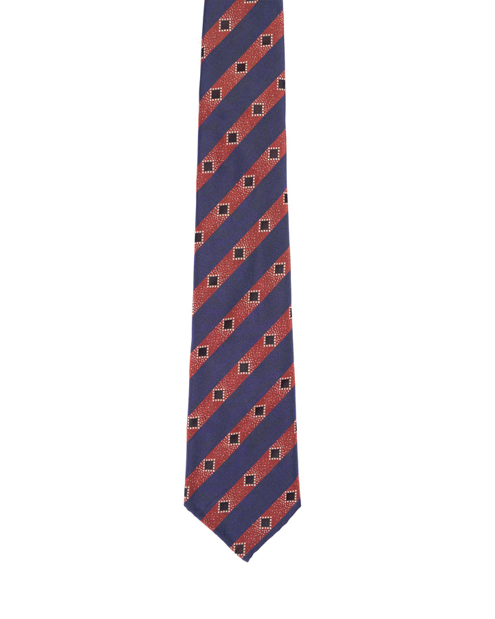 Jacquard tie - 7 Fold - Red and navy blue stripe with square motif