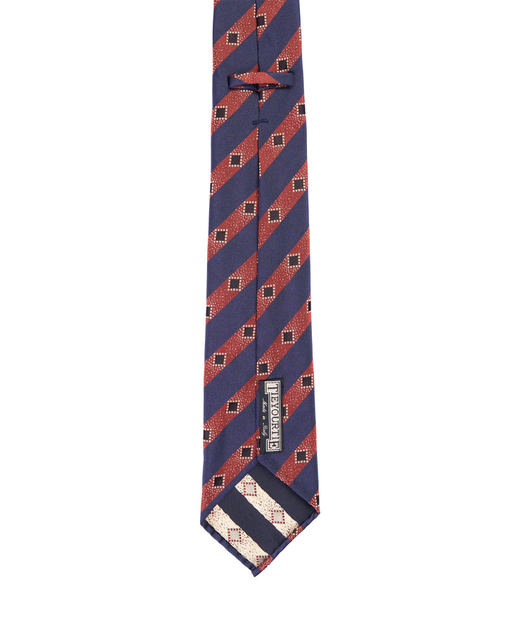 Jacquard tie - 7 Fold - Red and navy blue stripe with square motif