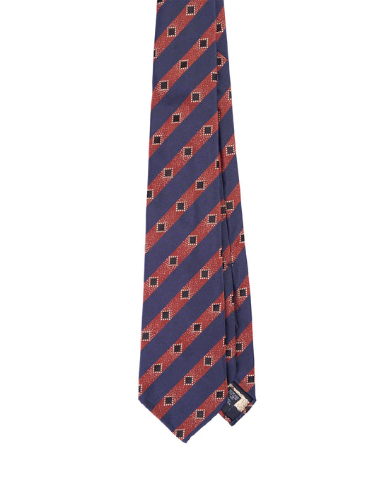 Jacquard tie - 7 Fold - Red and navy blue stripe with square motif