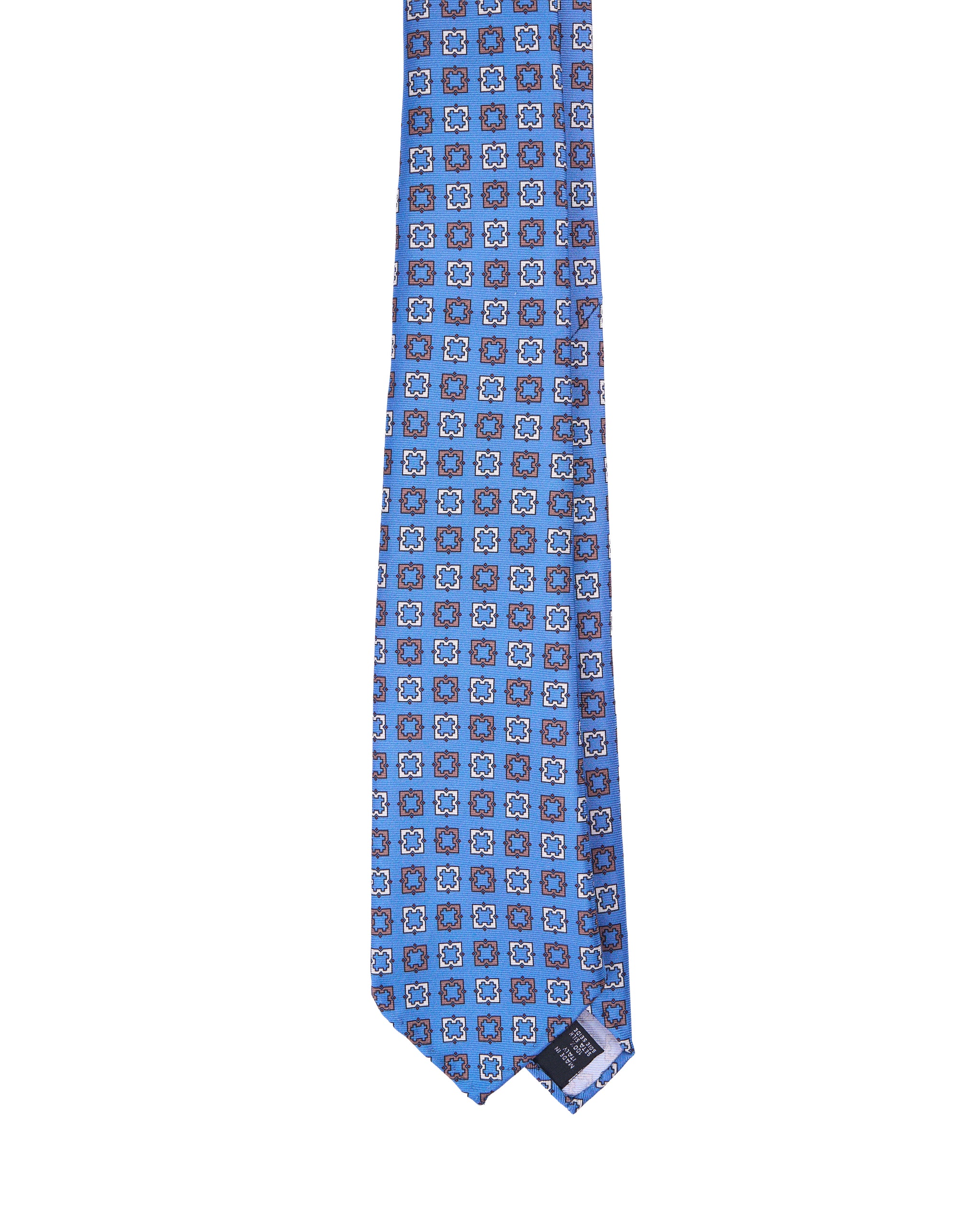 Printed tie - 7 Fold - Medium blue with orange and white square motif