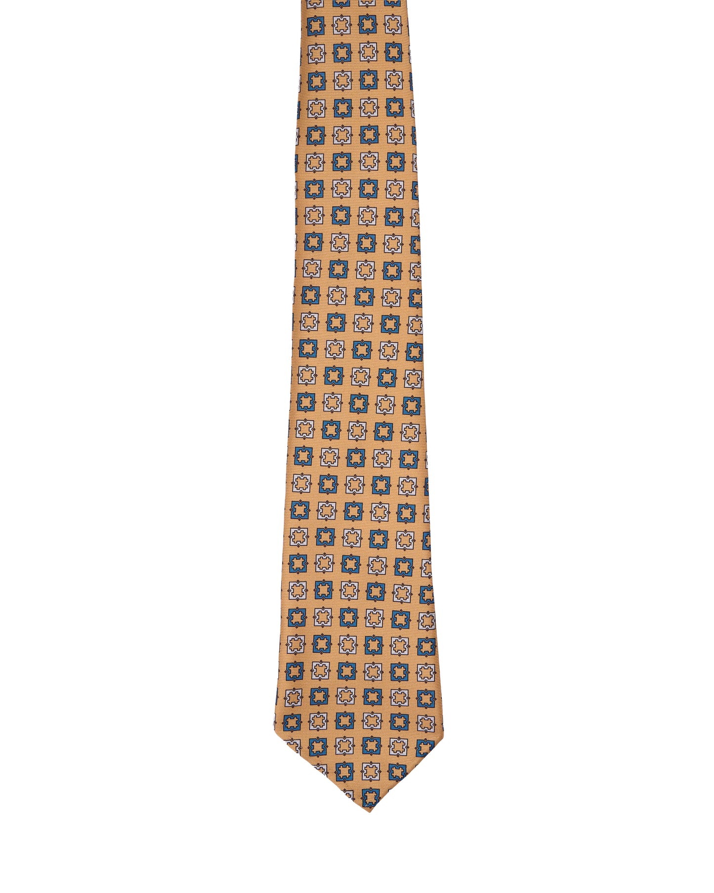 Printed tie - 7 Fold - Yellow with navy blue and white square motif