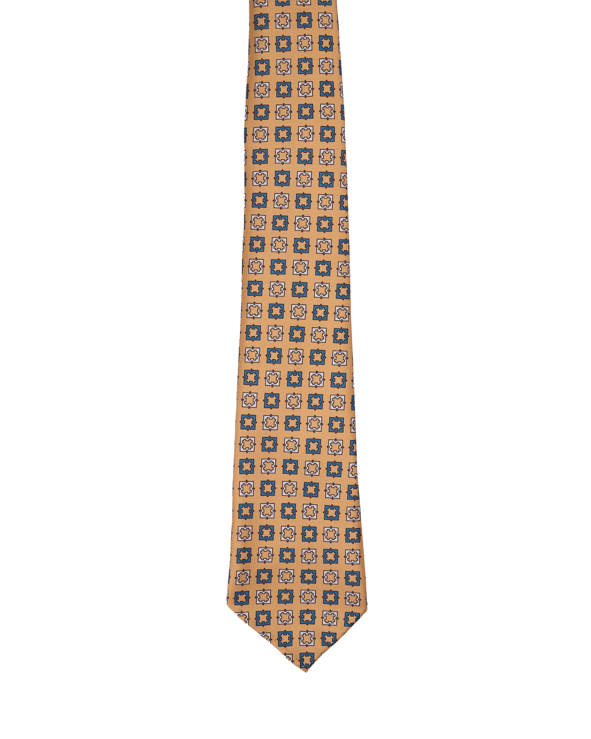 Printed tie - 7 Fold - Yellow with navy blue and white square motif