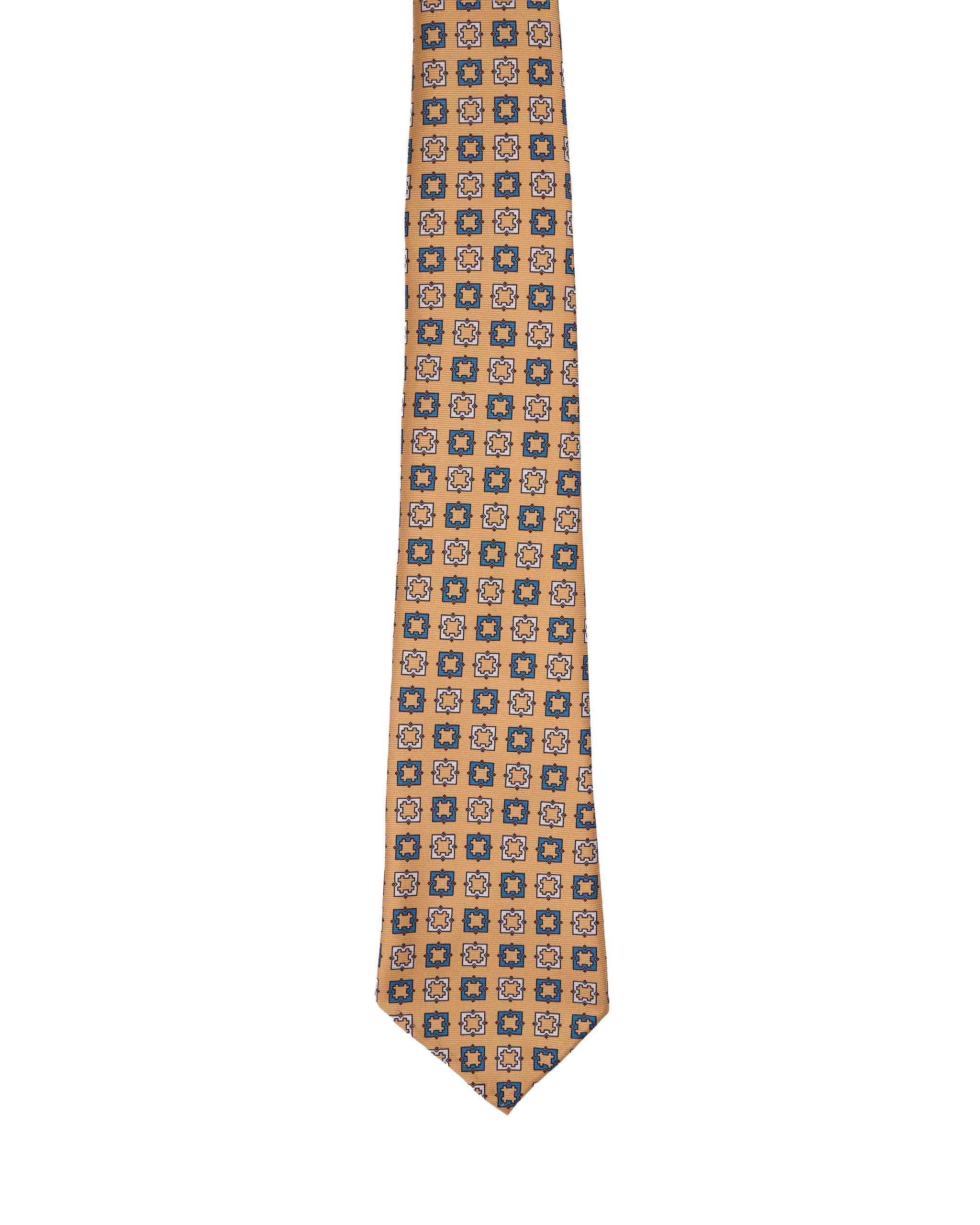 Printed tie - 7 Fold - Yellow with navy blue and white square motif