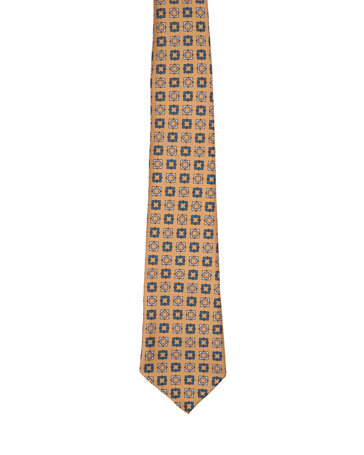 Printed tie - 7 Fold - Yellow with navy blue and white square motif