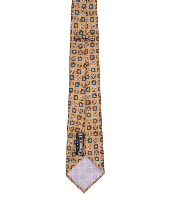 Printed tie - 7 Fold - Yellow with navy blue and white square motif