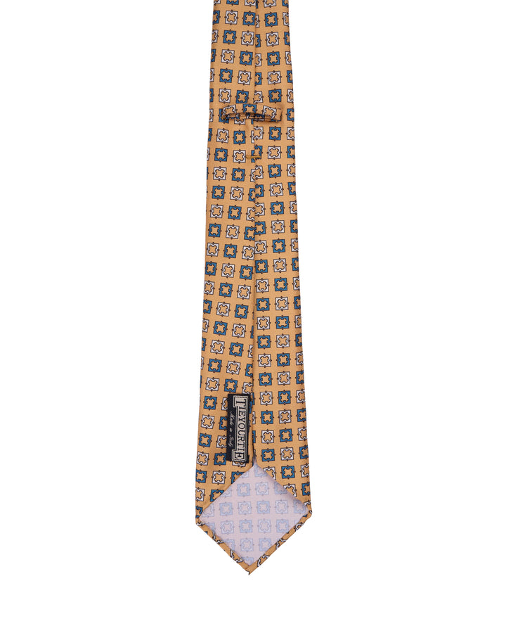 Printed tie - 7 Fold - Yellow with navy blue and white square motif