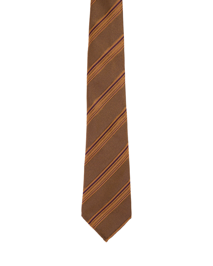 Jacquard tie - 7 Fold - Orange, brown and navy blue stripe