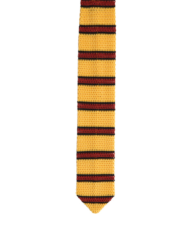 Tie - Knitted silk - Yellow with red and ble strip