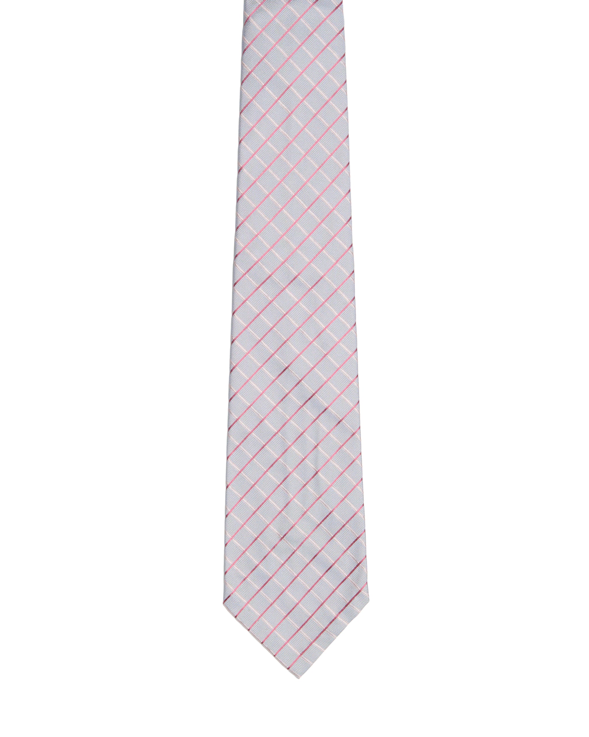 Printed tie - 3 Fold - Sky blue with pink and red check