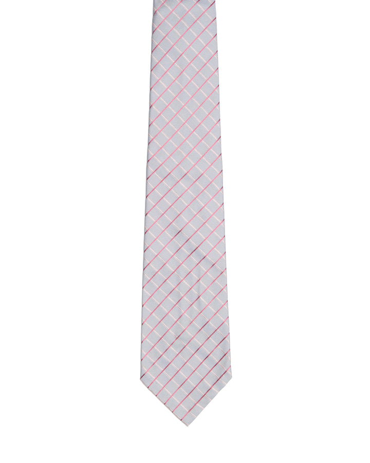 Printed tie - 3 Fold - Sky blue with pink and red check