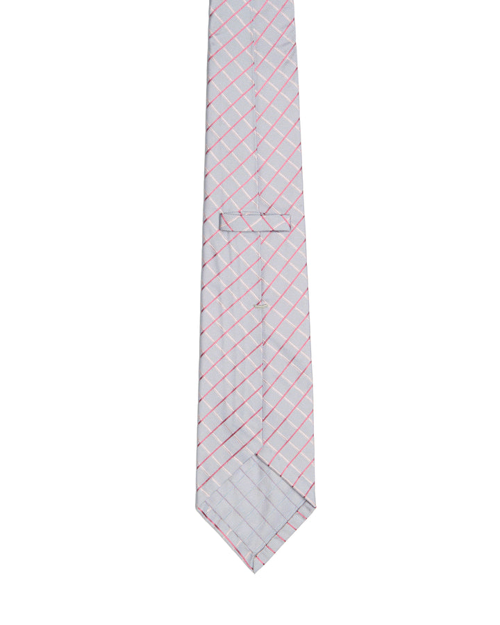 Printed tie - 3 Fold - Sky blue with pink and red check