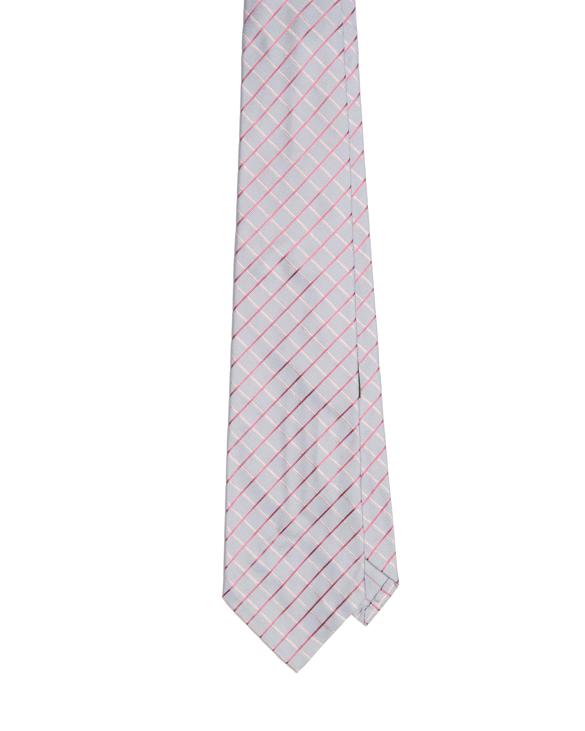 Printed tie - 3 Fold - Sky blue with pink and red check